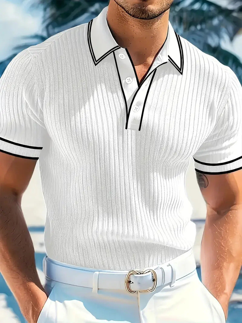 Men's Vertical Ribbed Contrast White Piping Short Sleeve Knit Polo Shirt