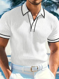 Men's Vertical Ribbed Contrast White Piping Short Sleeve Knit Polo Shirt