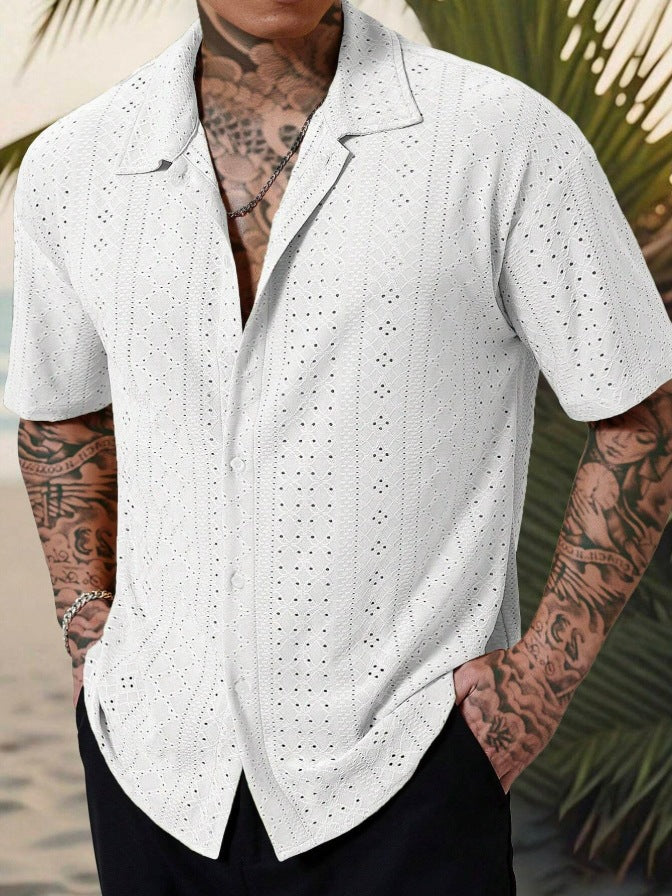 Camisa de verano transpirable con ojales para hombre, con cuello cubano y botones