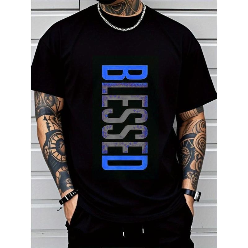 Camiseta con estampado «BLESSED» para hombre, 100 % algodón, de estilo urbano informal