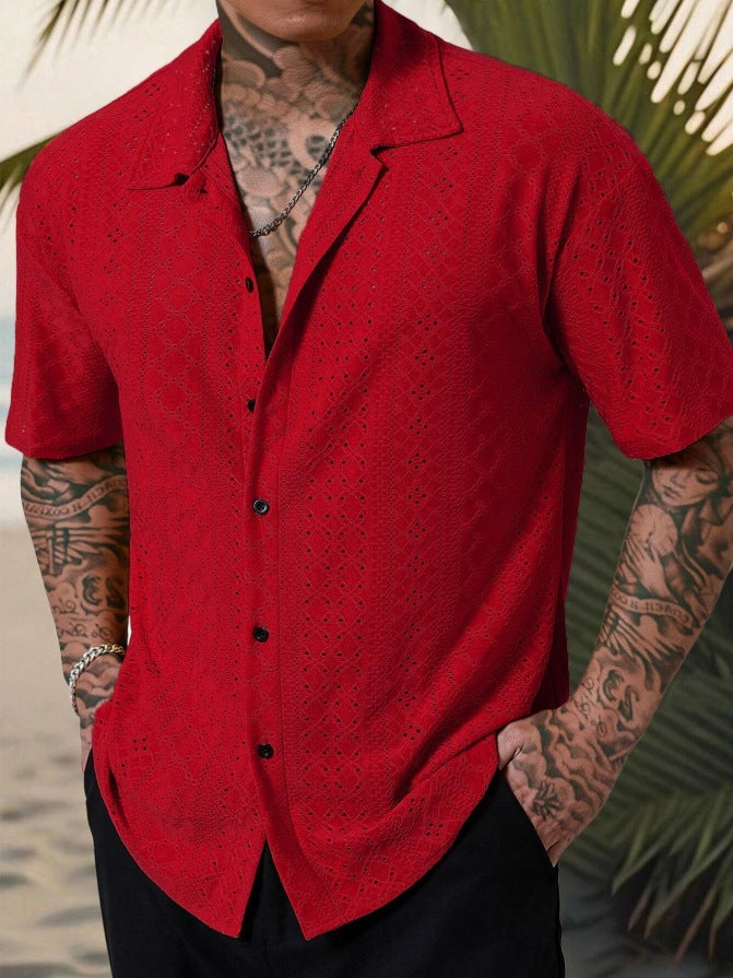 Camisa de verano transpirable con ojales para hombre, con cuello cubano y botones