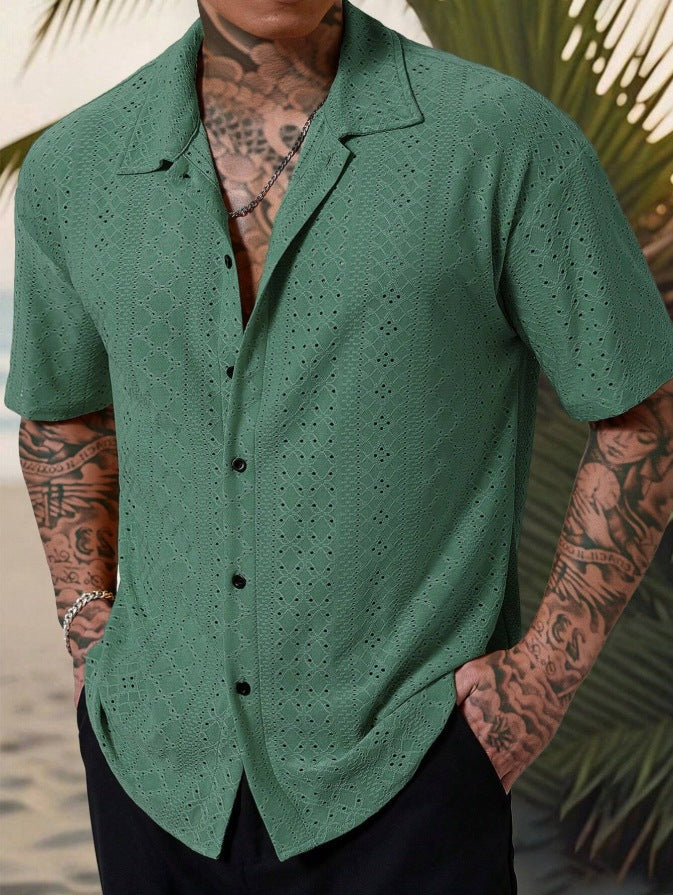 Camisa de verano transpirable con ojales para hombre, con cuello cubano y botones