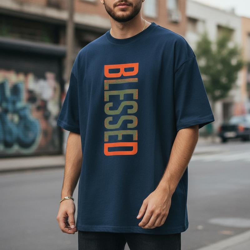 Camiseta con estampado «BLESSED» para hombre, 100 % algodón, de estilo urbano informal