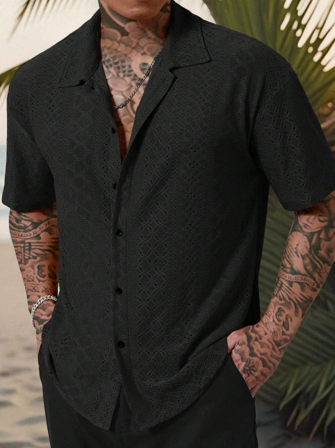 Camisa de verano transpirable con ojales para hombre, con cuello cubano y botones