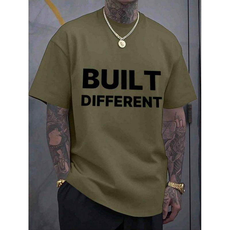 Men's Oversized "BUILT DIFFERENT" Bold Letter Print Crew Neck Cotton T-Shirt
