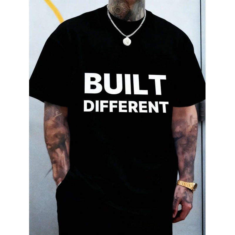 Men's Oversized "BUILT DIFFERENT" Bold Letter Print Crew Neck Cotton T-Shirt
