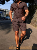 Men's Solid Cotton Blend Short Sleeve Shirt & Drawstring Shorts Two-Piece Set