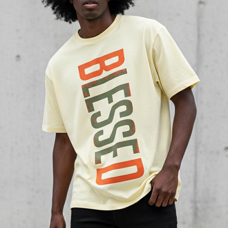 Camiseta con estampado «BLESSED» para hombre, 100 % algodón, de estilo urbano informal