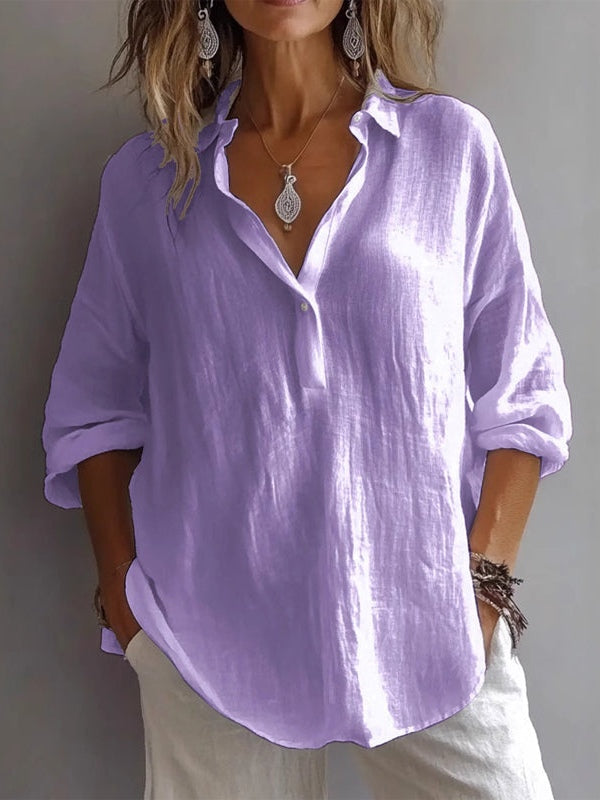 Camisa informal de lino de corte holgado, manga larga y cuello en V