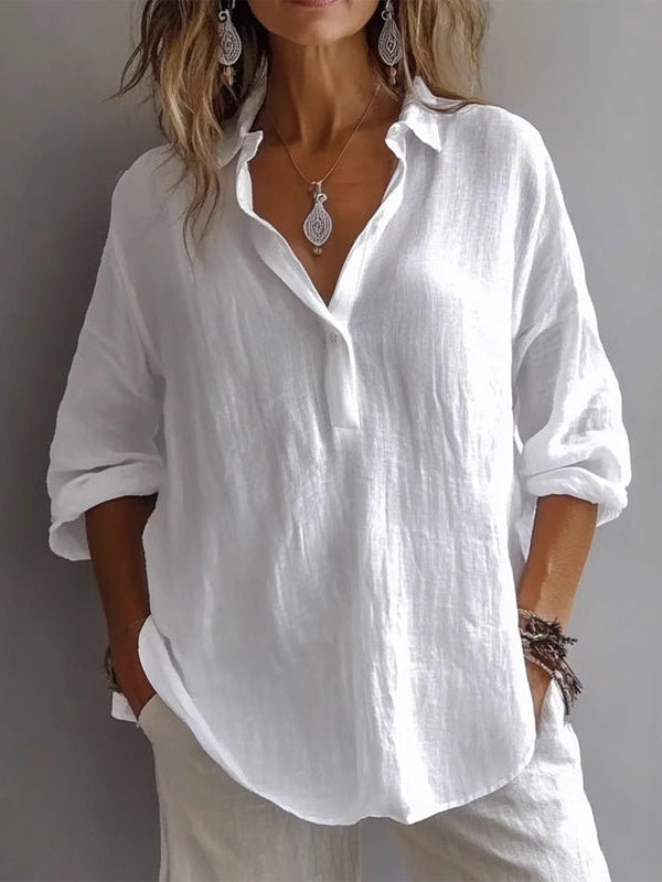 Camisa informal de lino de corte holgado, manga larga y cuello en V