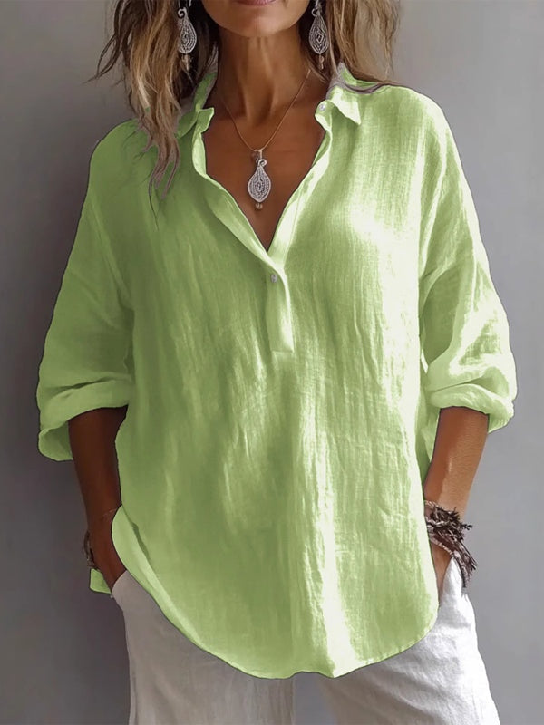 Camisa informal de lino de corte holgado, manga larga y cuello en V
