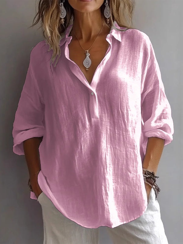 Camisa informal de lino de corte holgado, manga larga y cuello en V