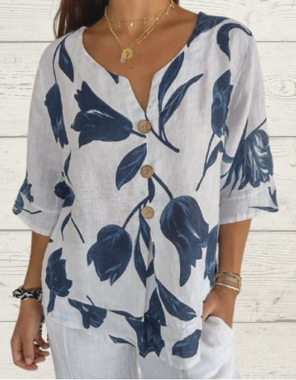 Camiseta de punto con cuello en V de lino y algodón estampada