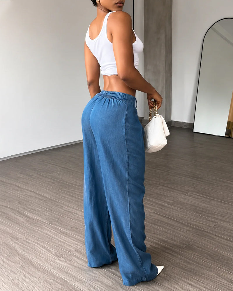 Pantalones de corte ancho de tencel plisado, imitación de vaquero, de cintura alta