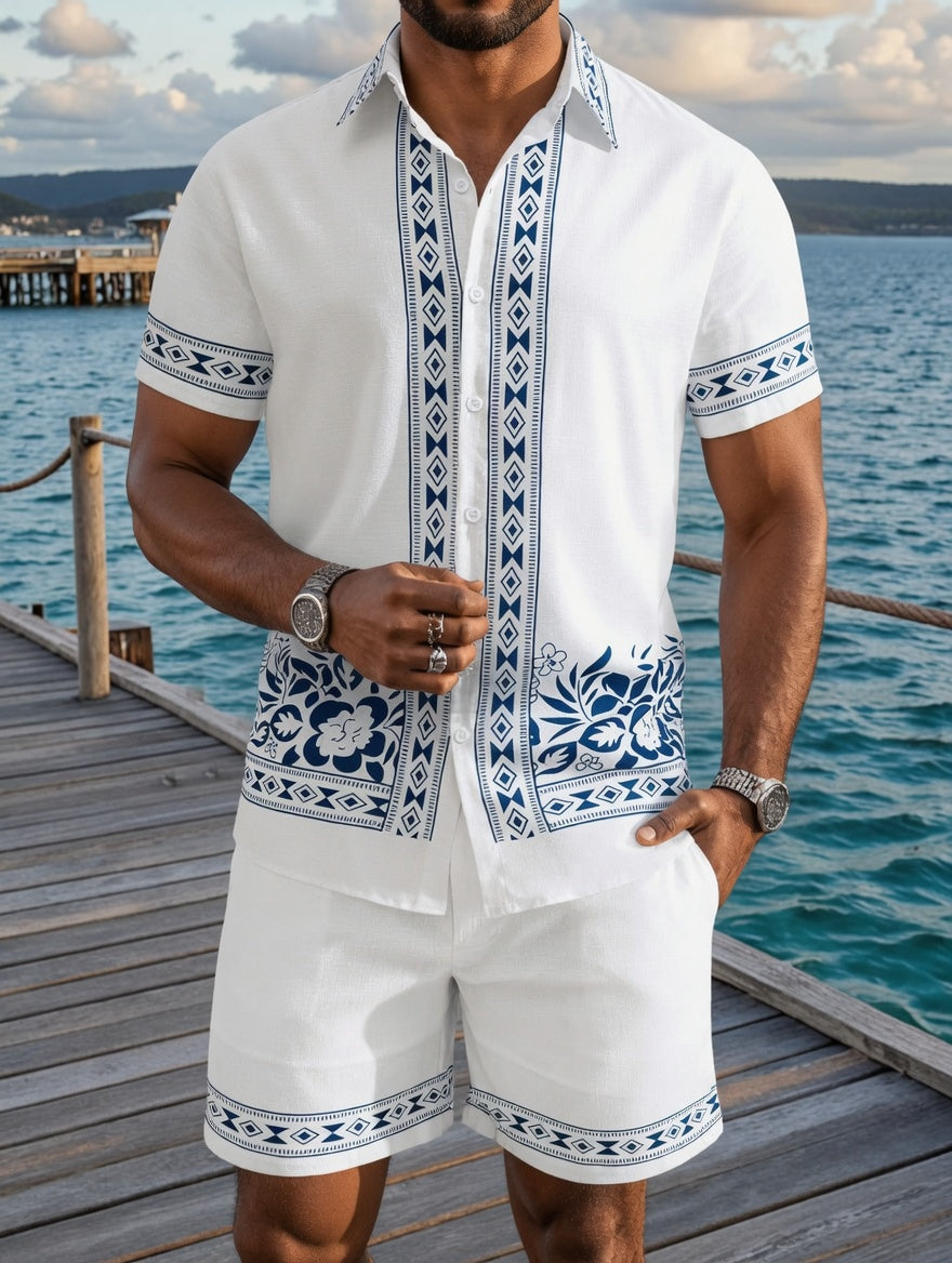 Men's Blue Ethnic Floral Print Short Sleeve Shirt & Drawstring Shorts Two Piece Beach Set