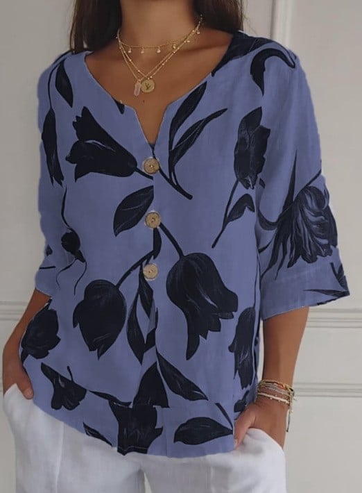 Camiseta de punto con cuello en V de lino y algodón estampada