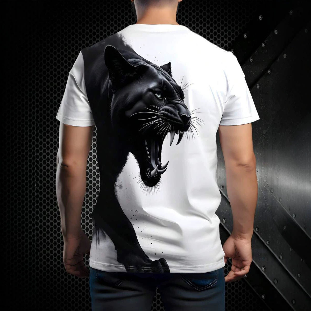 Men's Casual Crew Neck Black Panther Print Short-Sleeve T-Shirt