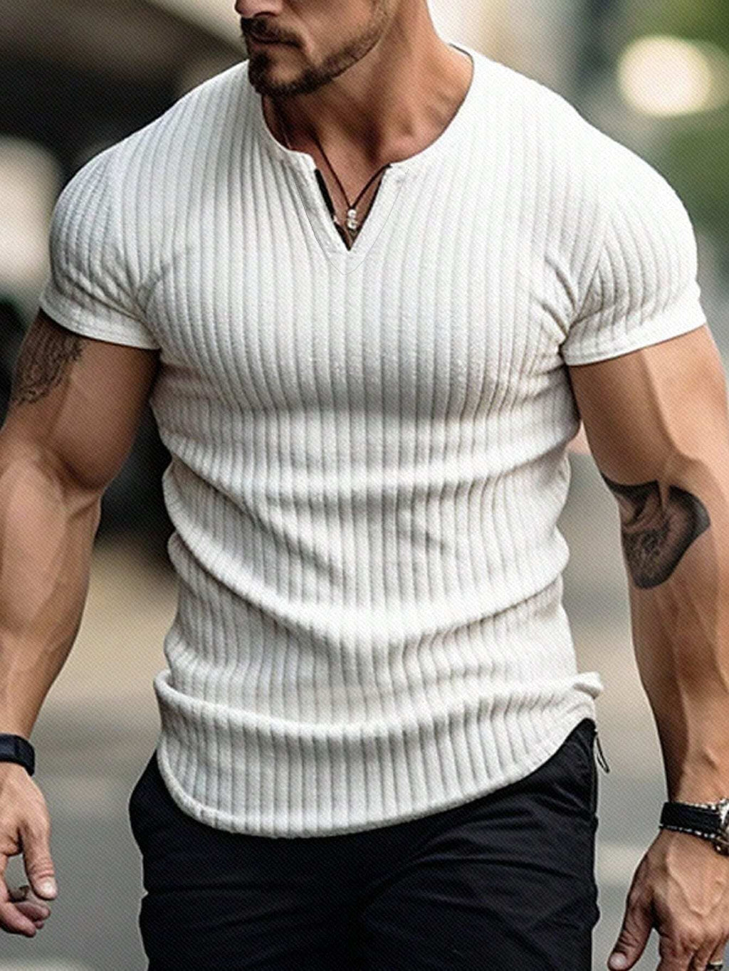 Men's Sports Casual Stretch Striped Henley Collar Short-Sleeve T-Shirt