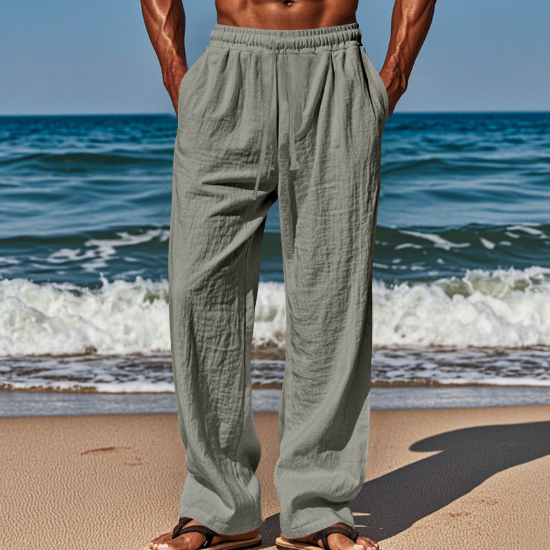 Pantalones informales de algodón y lino para hombre, de corte holgado y color liso, con cordón ajustable