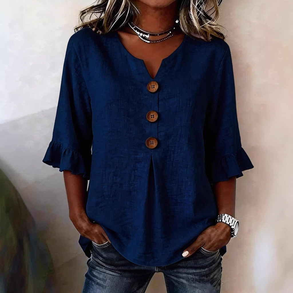 Blusa informal de manga media con cuello en V, botones y volantes