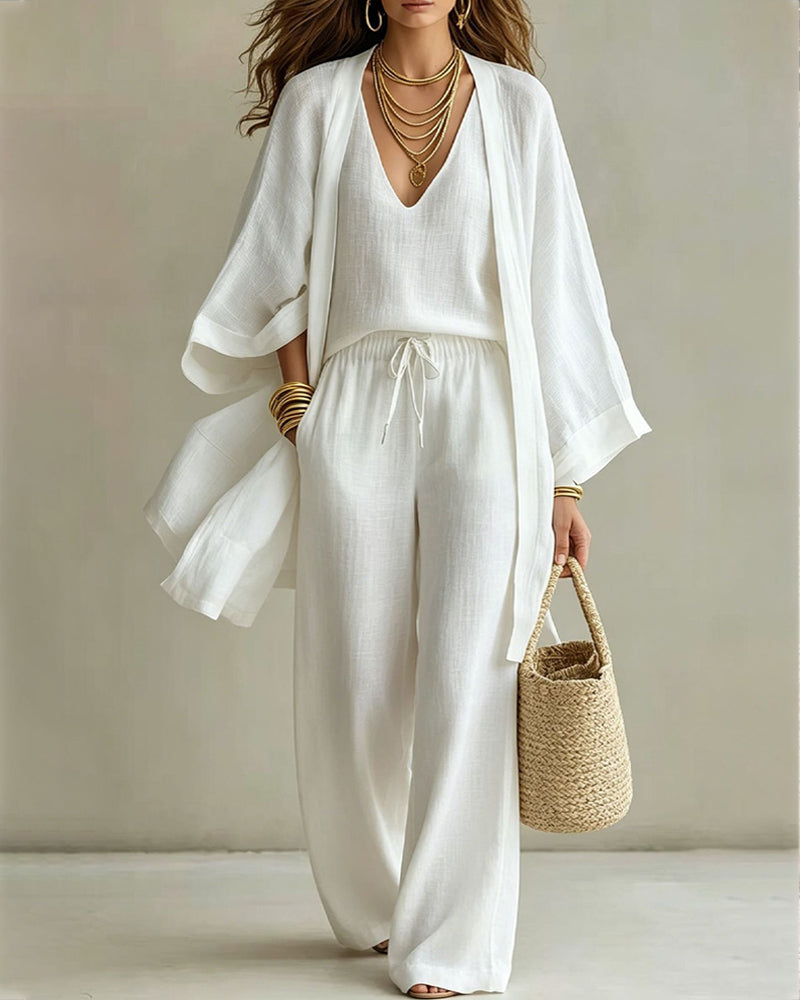Casual Loose Cotton Linen Sleeveless Vest, Wide-leg Pants and Cardigan Three-piece Set