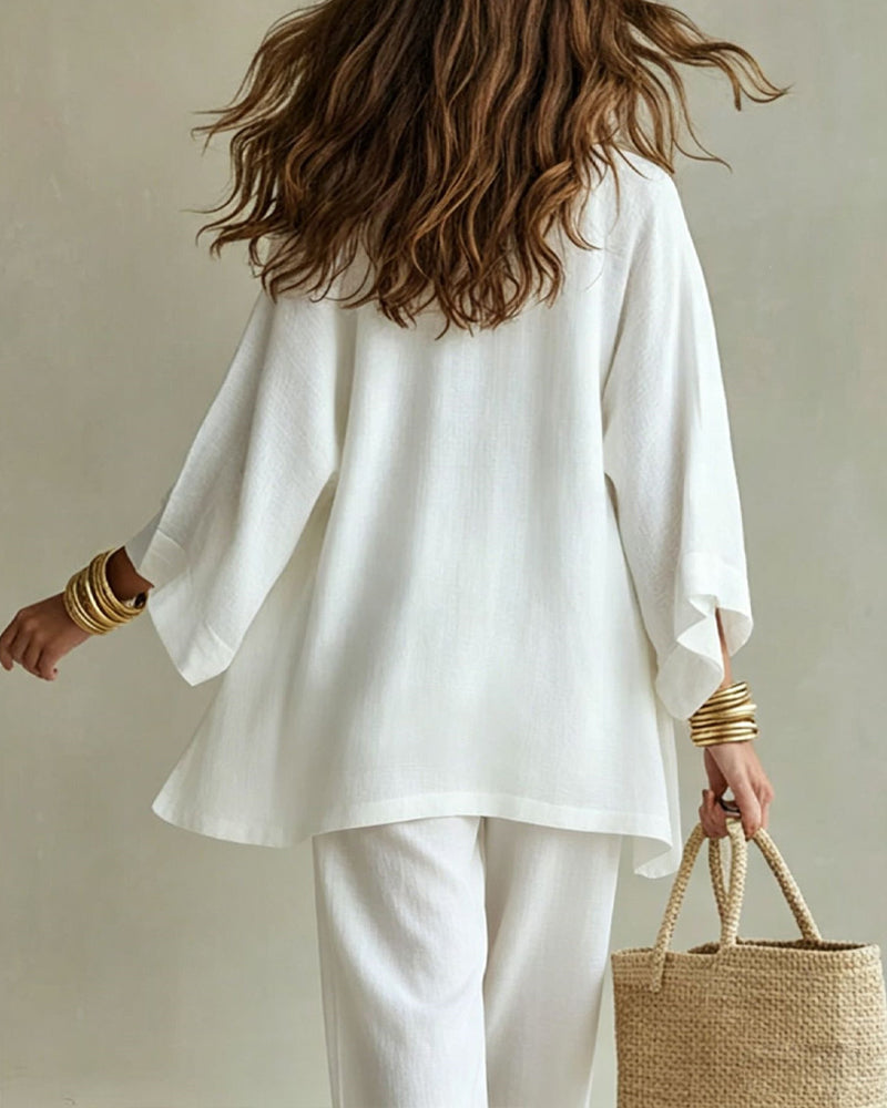 Casual Loose Cotton Linen Sleeveless Vest, Wide-leg Pants and Cardigan Three-piece Set