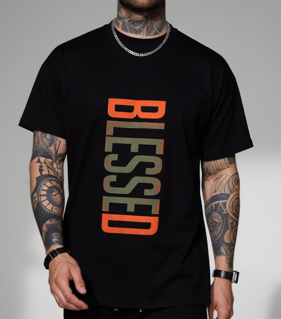 Camiseta con estampado «BLESSED» para hombre, 100 % algodón, de estilo urbano informal