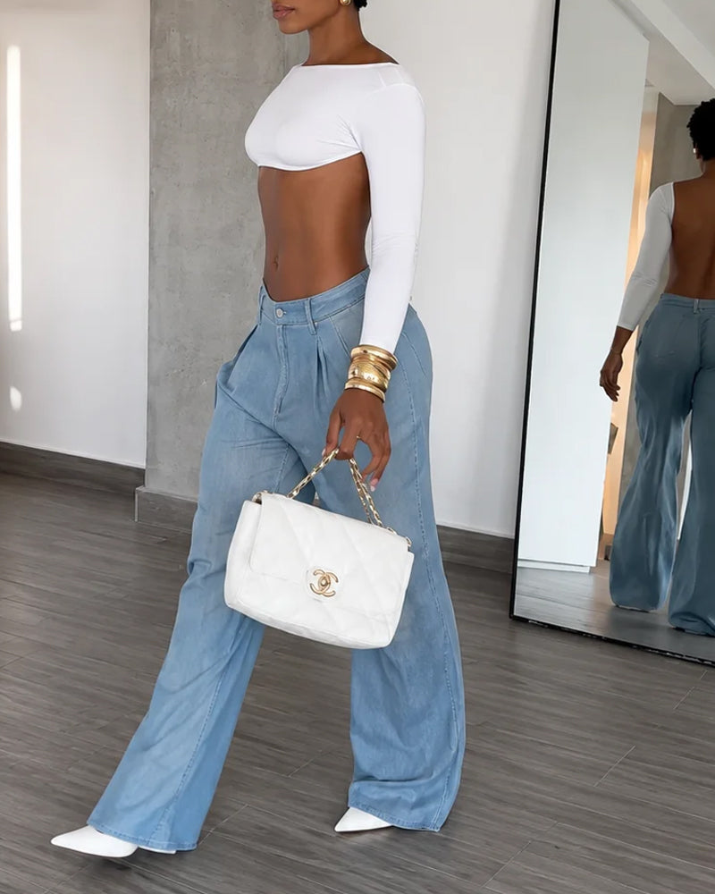 Pantalones de corte ancho de tencel plisado, imitación de vaquero, de cintura alta