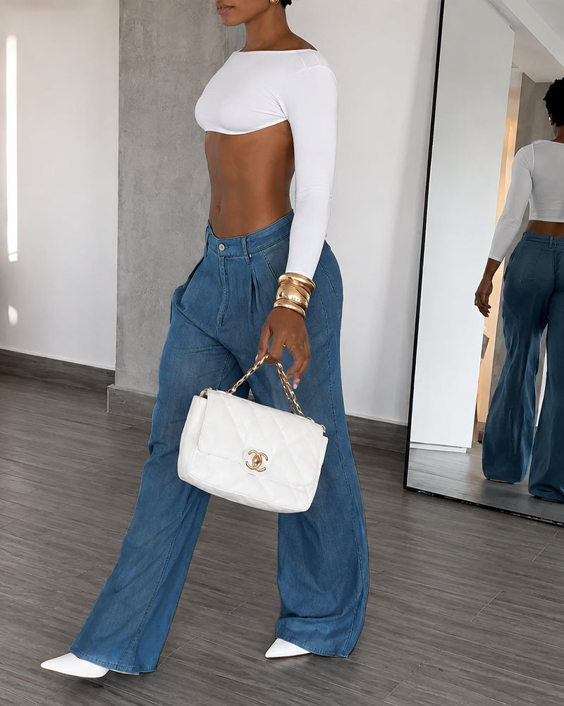 Pantalones de corte ancho de tencel plisado, imitación de vaquero, de cintura alta