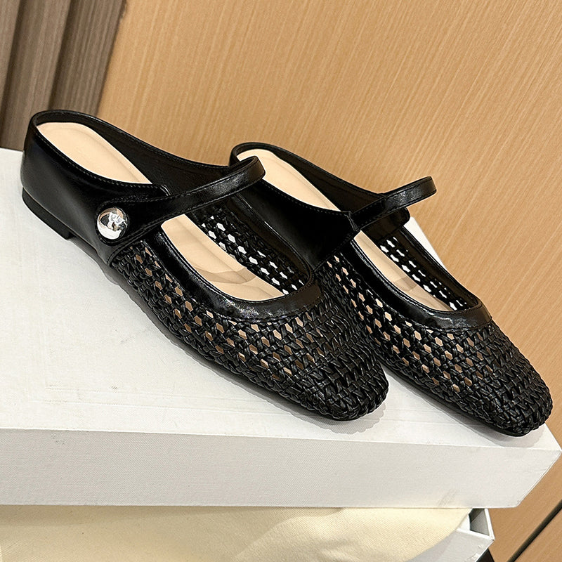 ✨👡 Zapatos tipo mules para mujer de tejido, con puntera cuadrada y cierre tipo Mary Jane 🌸💖🎀